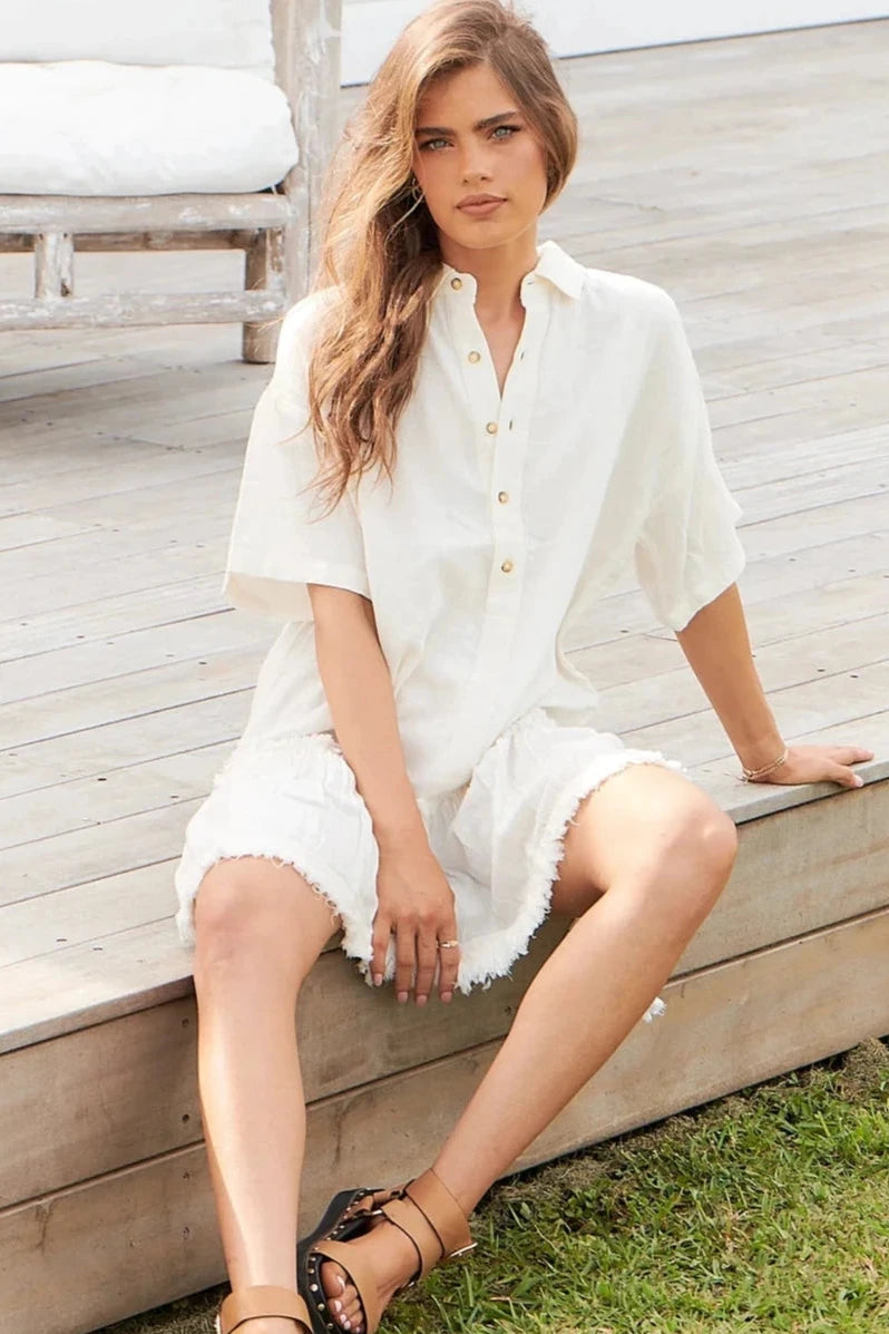 Danika Cotton Shirt Mini Dress - White Comfortable Off-Shoulder Mini Dress