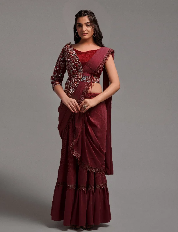 NOZ2TOZ Women Wedding Wear Ready to Wear Georgette Saree with Stitched Blouse(Free Size-Up to 42) - Maroon Satin Long Blouse NOZ2TOZ Women Wedding Wear Ready to Wear Georgette Saree with Stitched Blouse(Free Size-Up to 42) - Maroon Satin Long Blouse