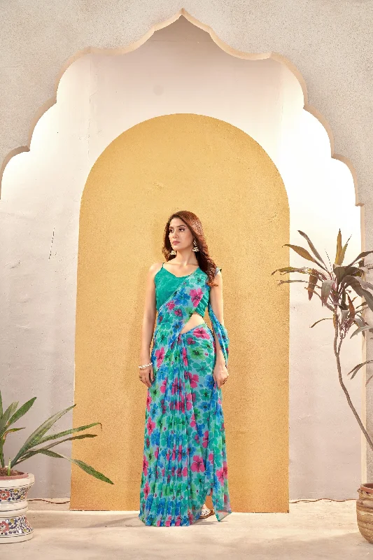 NOZ2TOZ Women Casual Wear Printed Weight Less Saree with Unstitched Blouse - Rama Bell Sleeve Blouse NOZ2TOZ Women Casual Wear Printed Weight Less Saree with Unstitched Blouse - Rama Bell Sleeve Blouse
