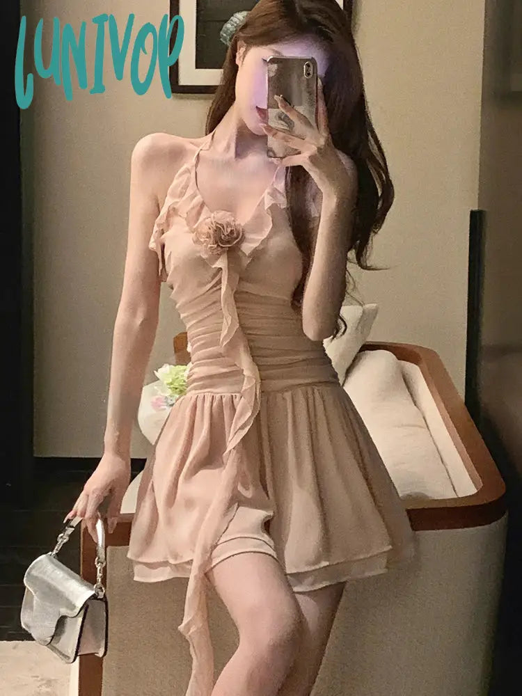 Lunivop Summer Pink Elegant kawaii Dress Women Chiffon Korean Fashion Party mini Dress Female sexy casual Sweet Suspender Dress New Elegant Silk Mini Dress