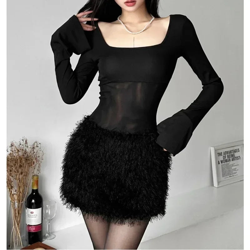 Lunivop Korean Mesh Splicing Sexy Slim Long-sleeved Dress Women 2025 Spring New Square Collar Solid Color All Match Mini Dress Casual V-Neck Mini Dress