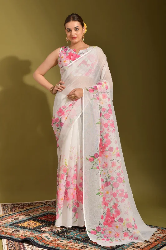 NOZ2TOZ Women Party Wear Printed Linen Saree with Unstitched Blouse - Off White Elegant Office Blouse NOZ2TOZ Women Party Wear Printed Linen Saree with Unstitched Blouse - Off White Elegant Office Blouse