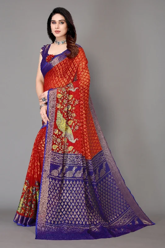 NOZ2TOZ Women Party Wear Printed Brasso Chiffon Saree with Unstitched Blouse - Red Chic Square Blouse NOZ2TOZ Women Party Wear Printed Brasso Chiffon Saree with Unstitched Blouse - Red Chic Square Blouse