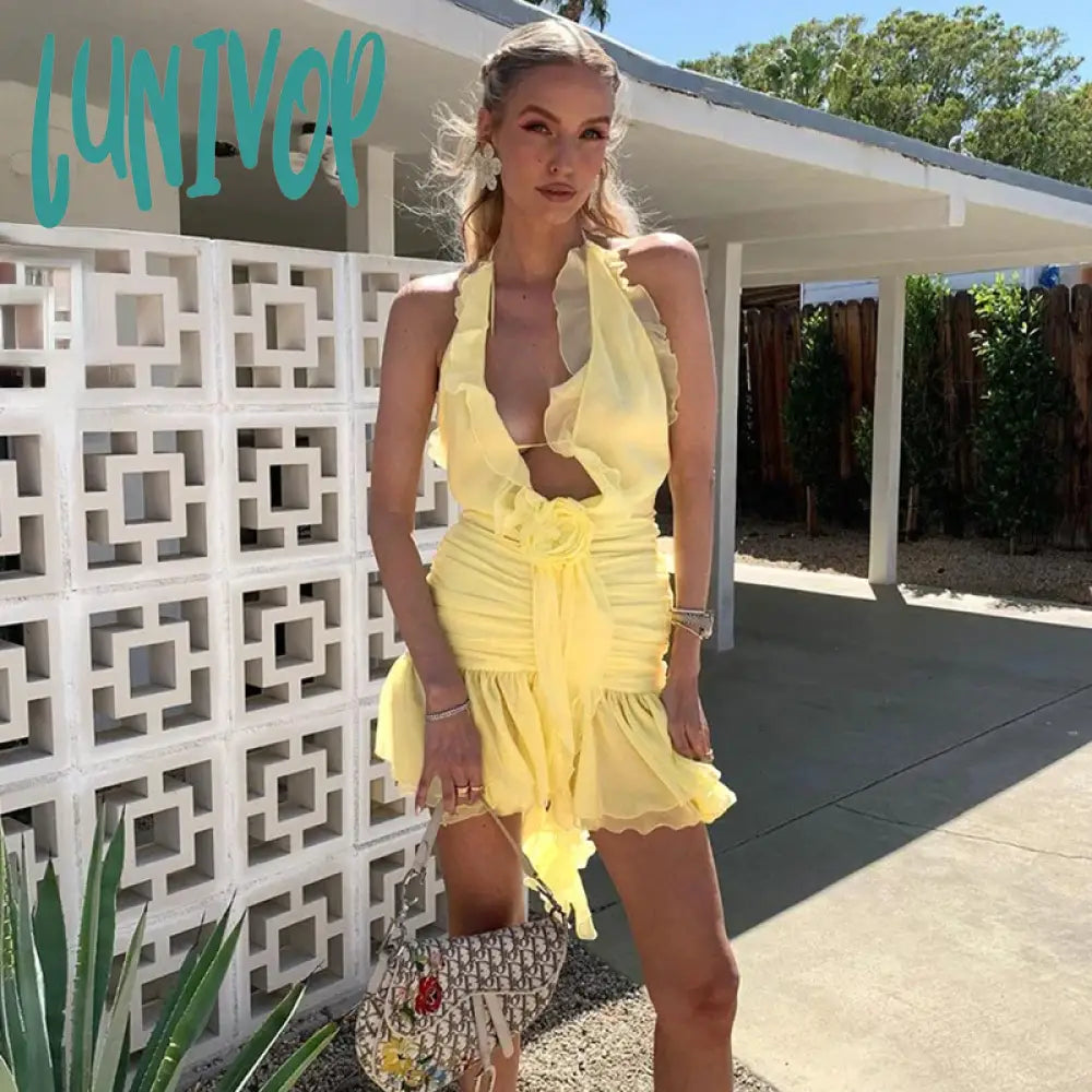 Lunivop Floral Applique Elegant Halter Frill Hem Mini Dresses for Women Summer Ruffle See Through Deep V Club Dresses Vestidos Sexy Dress Comfortable Bodycon Mini Dress Lunivop Floral Applique Elegant Halter Frill Hem Mini Dresses for Women Summer Ruffle See Through Deep V Club Dresses Vestidos Sexy Dress Comfortable Bodycon Mini Dress
