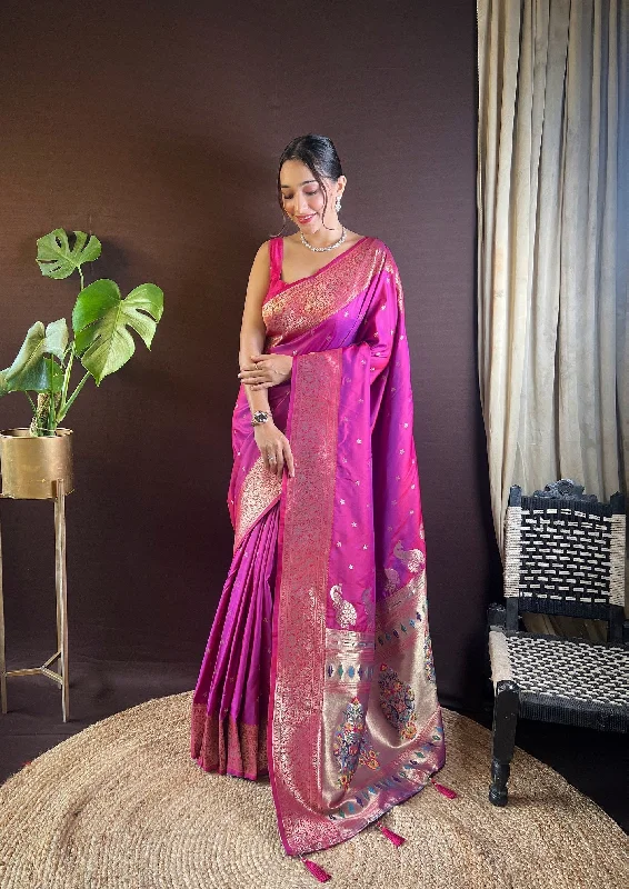 NOZ2TOZ Women Party Wear Zari Weaving Paithani Silk Saree with Unstitched Blouse - Purple Peter Pan Collar Blouse NOZ2TOZ Women Party Wear Zari Weaving Paithani Silk Saree with Unstitched Blouse - Purple Peter Pan Collar Blouse
