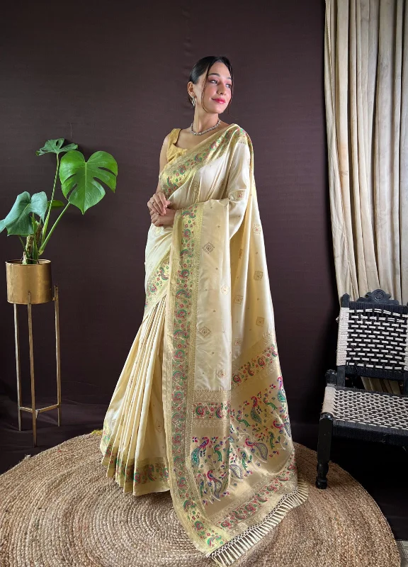 NOZ2TOZ Women Party Wear Zari Weaving Paithani Silk Saree with Unstitched Blouse - Cream Feminine Tie Blouse NOZ2TOZ Women Party Wear Zari Weaving Paithani Silk Saree with Unstitched Blouse - Cream Feminine Tie Blouse