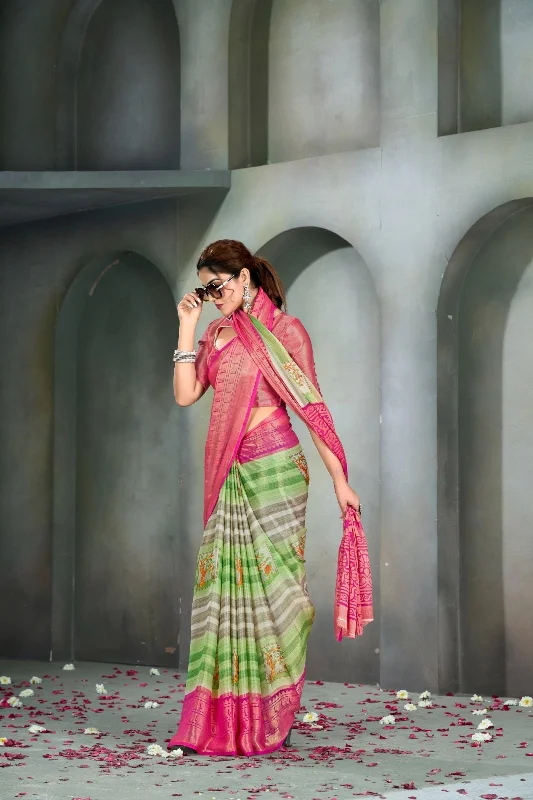 NOZ2TOZ Women Casual Wear Printed Brasso Silk Saree with Unstitched Blouse - Multi Colour Elegant Peplum Blouse