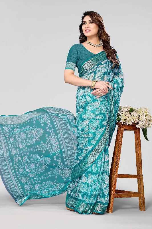 NOZ2TOZ Women Party Wear Printed Chiffon Silk Saree with Unstitched Blouse - Rama Elegant Silk Blouse NOZ2TOZ Women Party Wear Printed Chiffon Silk Saree with Unstitched Blouse - Rama Elegant Silk Blouse