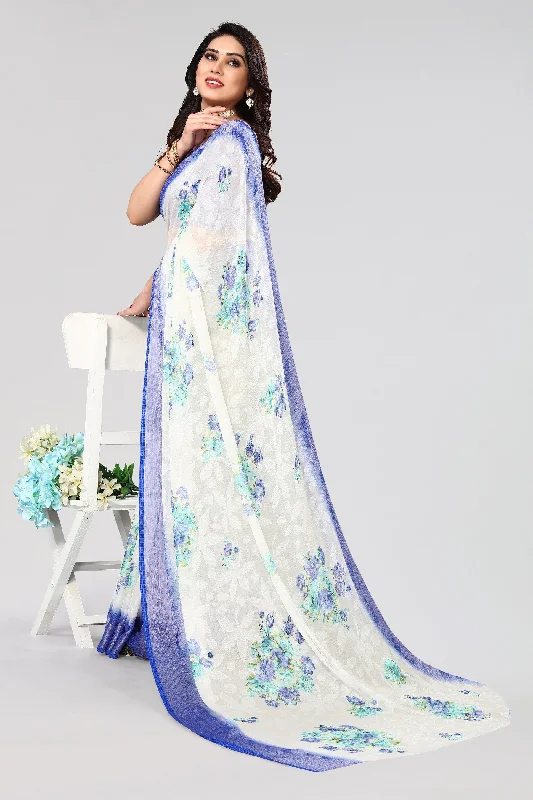 NOZ2TOZ Women Party Wear Printed Brasso Chiffon Saree with Unstitched Blouse - White & Royal Blue Office Formal Blouse NOZ2TOZ Women Party Wear Printed Brasso Chiffon Saree with Unstitched Blouse - White & Royal Blue Office Formal Blouse