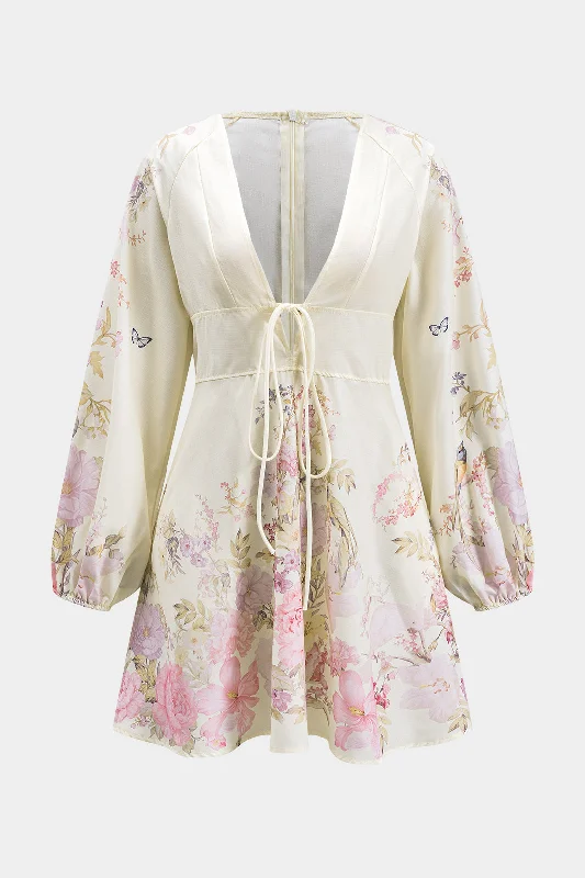 Floral Print Tie-Up V-Neck Zipper Long Sleeve Mini Dress Cozy Cowl Neck Mini Dress