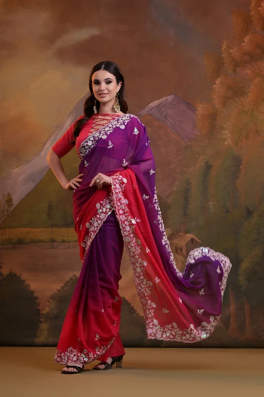 NOZ2TOZ Women Party Wear Sequence Embroidery Worked Georgette Saree with Unstitched Blouse - Pink Double Button Blouse NOZ2TOZ Women Party Wear Sequence Embroidery Worked Georgette Saree with Unstitched Blouse - Pink Double Button Blouse