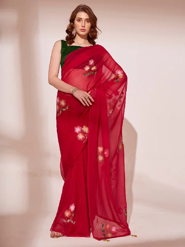 NOZ2TOZ Women Party Wear Organza Saree with Unstitched Blouse - Red Classic Striped Blouse NOZ2TOZ Women Party Wear Organza Saree with Unstitched Blouse - Red Classic Striped Blouse