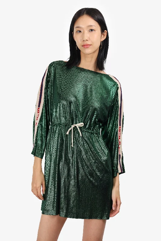 Gucci Green Metallic Sport Gucci Logo Drawstring Waist Mini Dress Size XXS Cozy T-Shirt Mini Dress