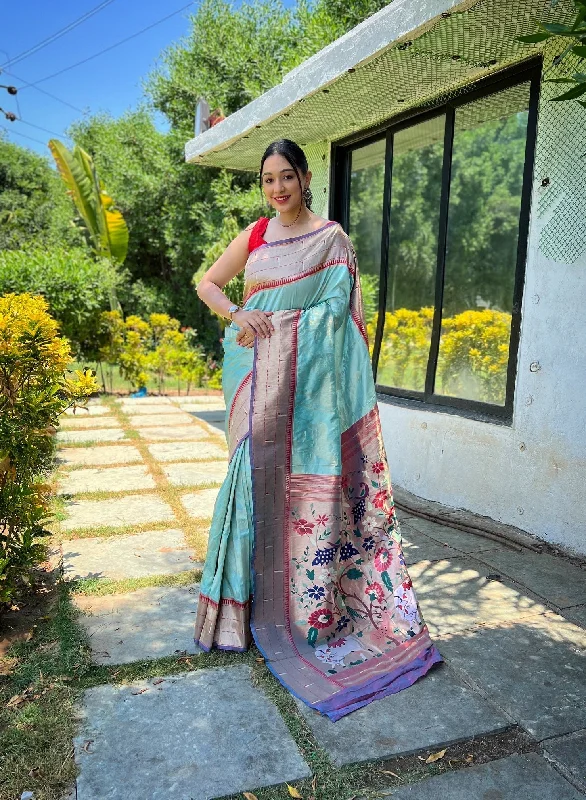 NOZ2TOZ Women Party Wear Zari Weaving Paithani Silk Saree with Unstitched Blouse - Sky Blue Pleated Collar Blouse NOZ2TOZ Women Party Wear Zari Weaving Paithani Silk Saree with Unstitched Blouse - Sky Blue Pleated Collar Blouse