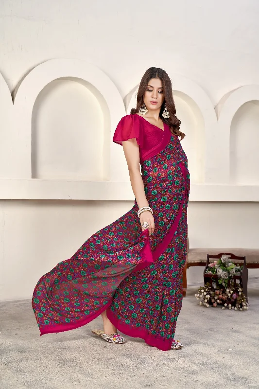 NOZ2TOZ Women Casual Wear Printed Weight Less Saree with Unstitched Blouse - Pink Feminine Tie Blouse NOZ2TOZ Women Casual Wear Printed Weight Less Saree with Unstitched Blouse - Pink Feminine Tie Blouse