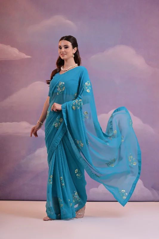 NOZ2TOZ Women Party Wear Sequence Embroidery Worked Georgette Saree with Unstitched Blouse - Sky Blue Office-Ready Blouse NOZ2TOZ Women Party Wear Sequence Embroidery Worked Georgette Saree with Unstitched Blouse - Sky Blue Office-Ready Blouse