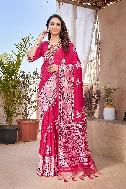 NOZ2TOZ Women Wedding Wear Zari Weaving Paithani Silk Saree with Unstitched Blouse - Pink Satin Bow Blouse NOZ2TOZ Women Wedding Wear Zari Weaving Paithani Silk Saree with Unstitched Blouse - Pink Satin Bow Blouse