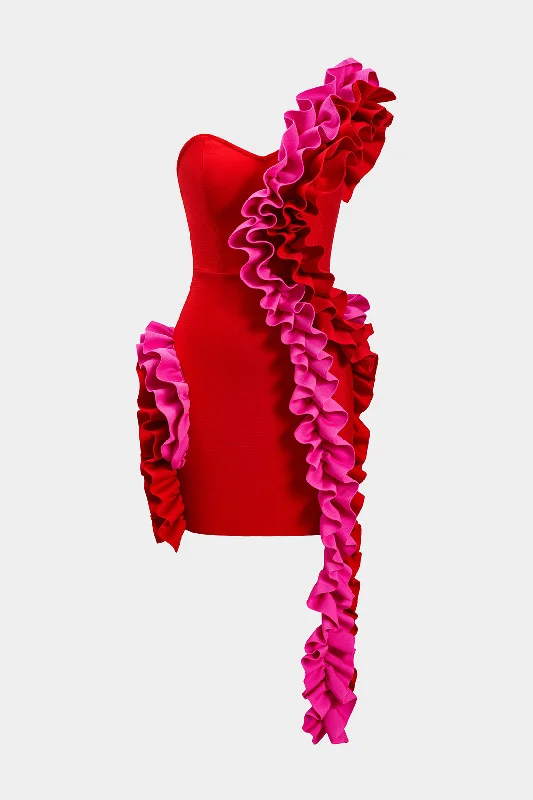 Ruffle Zipper One-Shoulder Mini Dress Cozy Cotton Mini Dress