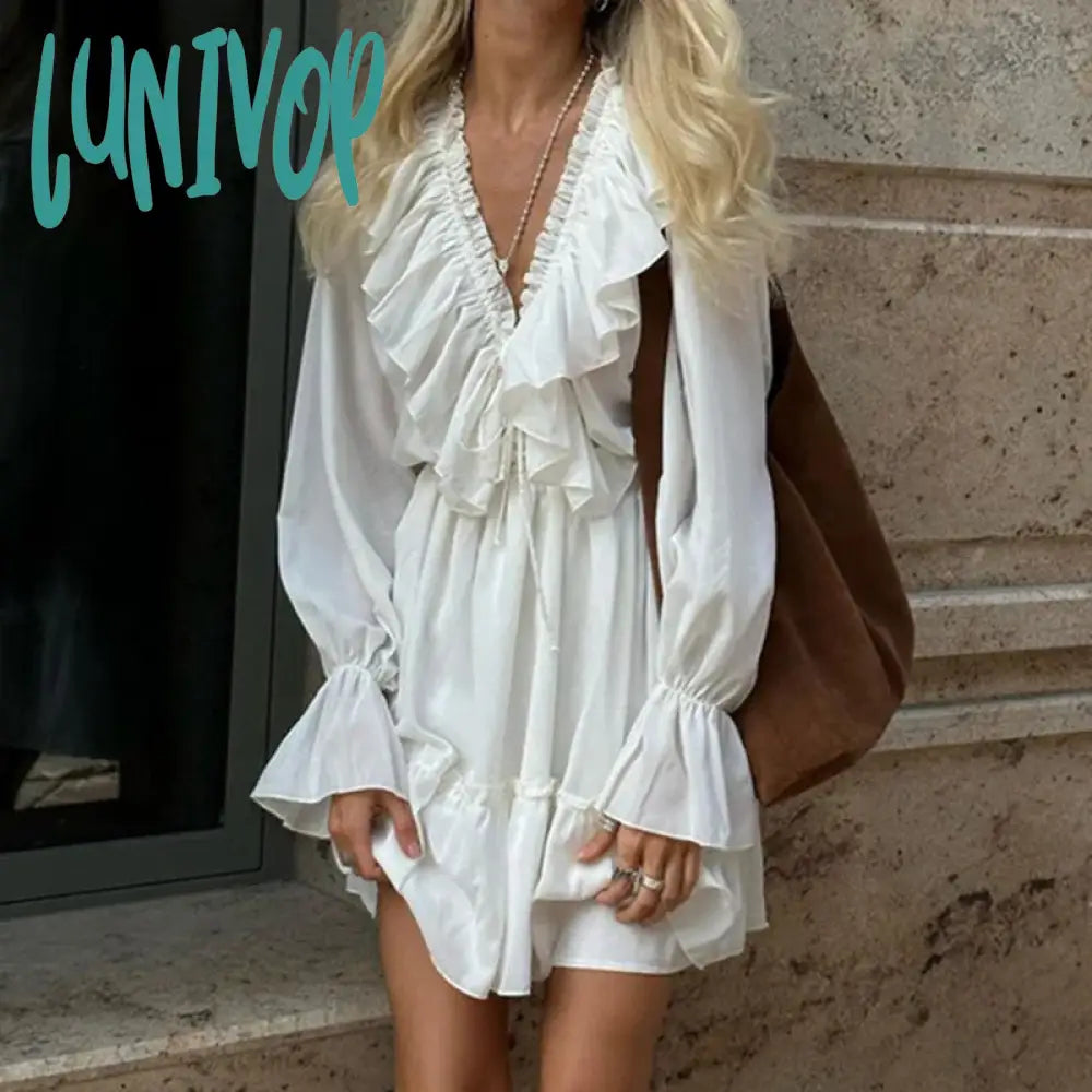 Lunivop Vintage Long Sleeves Tunic Waist Dresses for Women Fairy V Neck Ruffles White Mini Dress Club Party A-line Dress Y2K Streetwear Cozy Sweater Mini Dress Lunivop Vintage Long Sleeves Tunic Waist Dresses for Women Fairy V Neck Ruffles White Mini Dress Club Party A-line Dress Y2K Streetwear Cozy Sweater Mini Dress