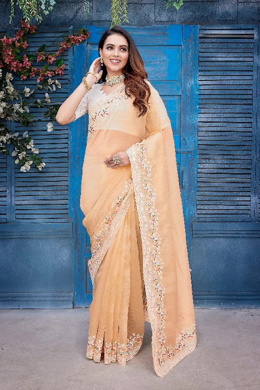NOZ2TOZ Women Party Wear Jimi Chu Silk Saree with Unstitched Blouse - Orange Everyday Stylish Blouse NOZ2TOZ Women Party Wear Jimi Chu Silk Saree with Unstitched Blouse - Orange Everyday Stylish Blouse