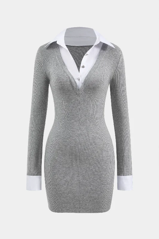 Button Patchwork Long Sleeve Mini Dress Chic Halter Mini Dress