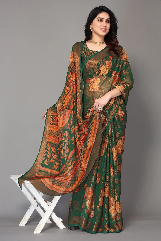 NOZ2TOZ Women Party Wear Printed Brasso Chiffon Saree with Unstitched Blouse - Green Playful Puff Blouse NOZ2TOZ Women Party Wear Printed Brasso Chiffon Saree with Unstitched Blouse - Green Playful Puff Blouse