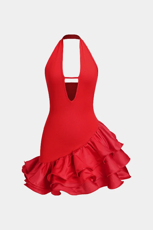 Patchwork Backless Halter Neck Sleeveless Mini Dress Stylish Button-Down Mini Dress