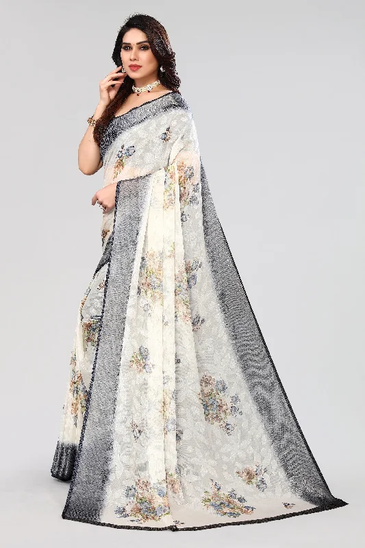 NOZ2TOZ Women Party Wear Printed Brasso Chiffon Saree with Unstitched Blouse - White & Grey Elegant Office Blouse NOZ2TOZ Women Party Wear Printed Brasso Chiffon Saree with Unstitched Blouse - White & Grey Elegant Office Blouse