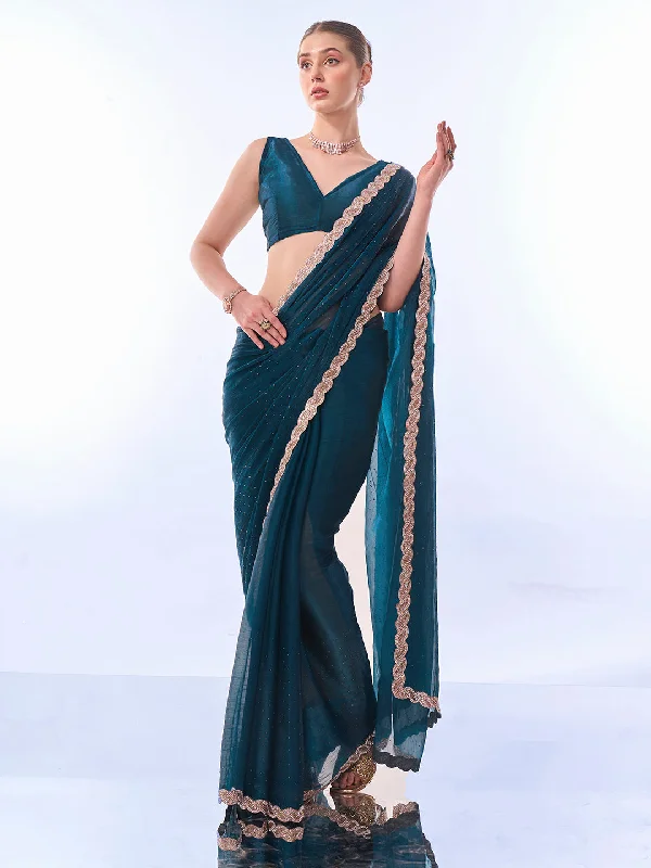 NOZ2TOZ Women Party Wear Printed Premium Organza Saree with Unstitched Blouse - Nile Blue Boho Chic Blouse NOZ2TOZ Women Party Wear Printed Premium Organza Saree with Unstitched Blouse - Nile Blue Boho Chic Blouse