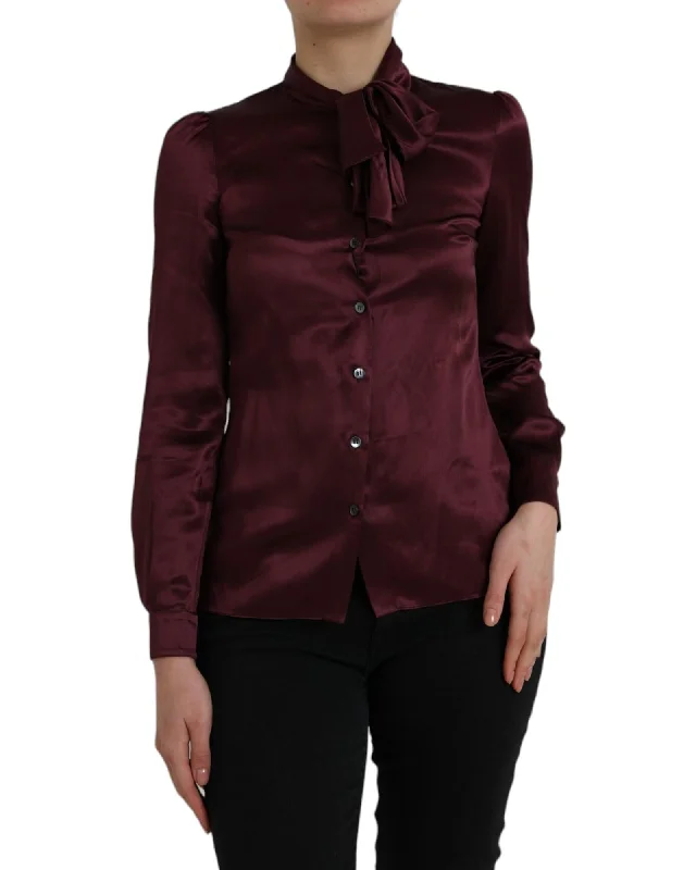Dolce & Gabbana  Women's Burgundy Silk Blouse with Bow Tie Sheer Mesh Blouse