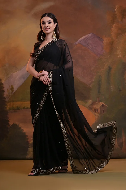 NOZ2TOZ Women Party Wear Sequence Embroidery Worked Georgette Saree with Unstitched Blouse - Black Vintage Polka Blouse NOZ2TOZ Women Party Wear Sequence Embroidery Worked Georgette Saree with Unstitched Blouse - Black Vintage Polka Blouse