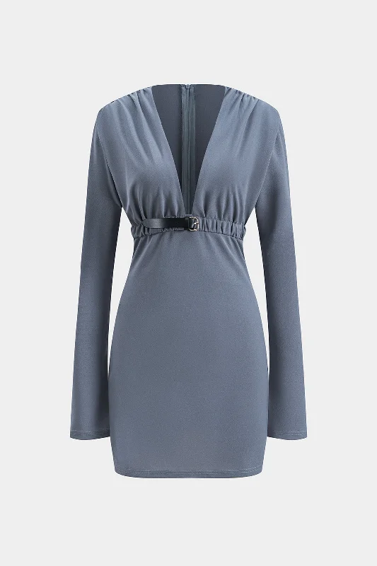 Ruched Zipper Belted V-Neck Long Sleeve Mini Dress Casual V-Neck Mini Dress