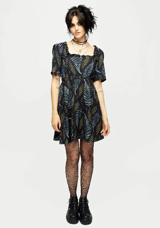 Frond Print Ruffle Shirred Mini Dress Fashionable Lace Mini Dress