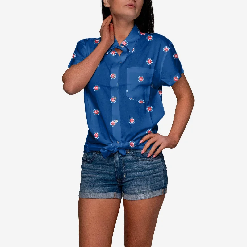 Chicago Cubs Logo Blast Womens Button Up Shirt-- Chenille Blend Fleece Blend Nylon Blend