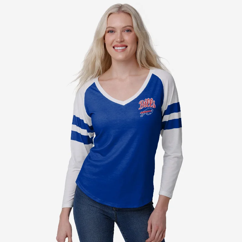 Buffalo Bills Womens Script Wordmark Striped Sleeve Raglan T-Shirt-- Anti-Shrink Durable Soft Buffalo Bills Womens Script Wordmark Striped Sleeve Raglan T-Shirt-- Anti-Shrink Durable Soft