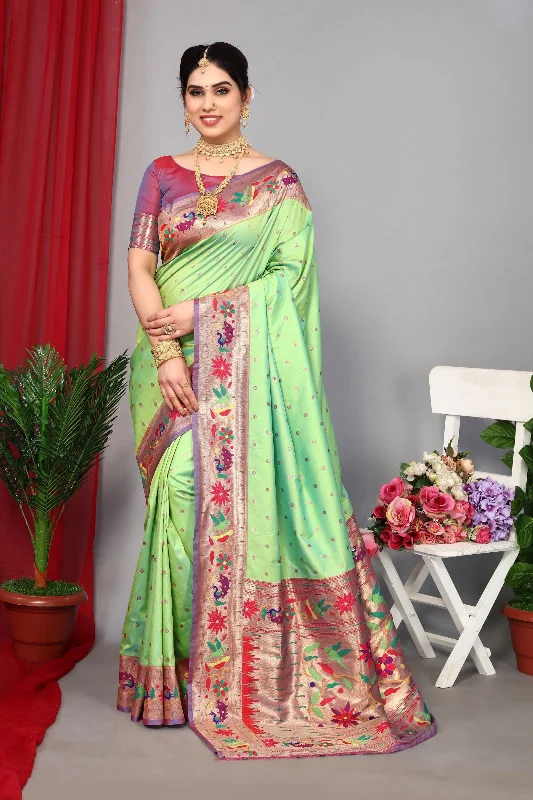 NOZ2TOZ Women Wedding Wear Zari Weaving Paithani Silk Saree with Unstitched Blouse - Dark Parrot Green Short Sleeve Blouse NOZ2TOZ Women Wedding Wear Zari Weaving Paithani Silk Saree with Unstitched Blouse - Dark Parrot Green Short Sleeve Blouse