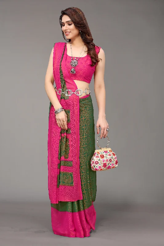 NOZ2TOZ Women Party Wear Printed Brasso Chiffon Saree with Unstitched Blouse - Bottle Green Smart Casual Blouse NOZ2TOZ Women Party Wear Printed Brasso Chiffon Saree with Unstitched Blouse - Bottle Green Smart Casual Blouse