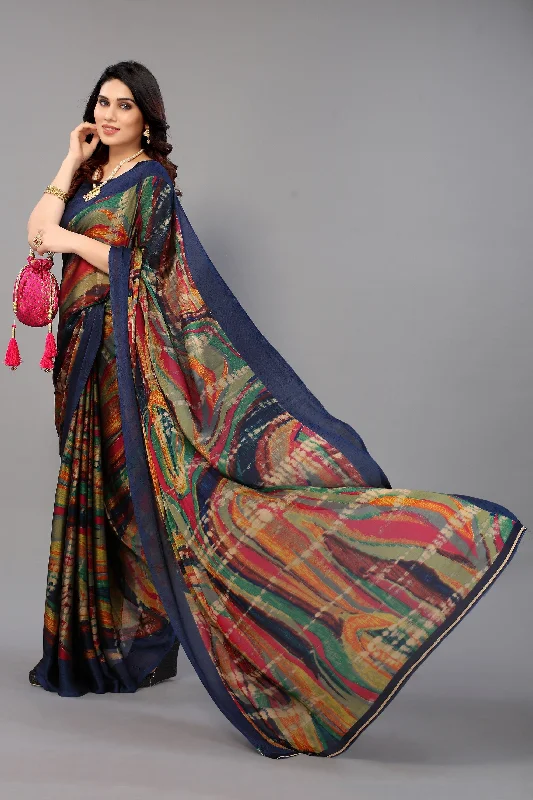 NOZ2TOZ Women Party Wear Printed Chiffon Silk Saree with Unstitched Blouse - Navy Blue Embellished Collar Blouse NOZ2TOZ Women Party Wear Printed Chiffon Silk Saree with Unstitched Blouse - Navy Blue Embellished Collar Blouse