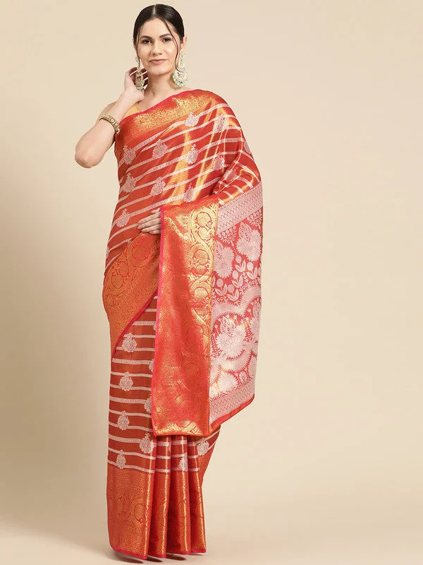 Red Silk Blend Woven Zari Design Striped Saree with Unstitched Blouse - Hiral Fashion Vintage Polka Blouse