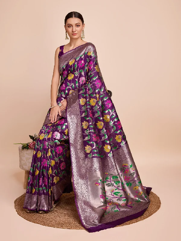 NOZ2TOZ Women Party Wear Zari Weaving Paithani Silk Saree with Unstitched Blouse - Purple Puff Sleeve Blouse NOZ2TOZ Women Party Wear Zari Weaving Paithani Silk Saree with Unstitched Blouse - Purple Puff Sleeve Blouse
