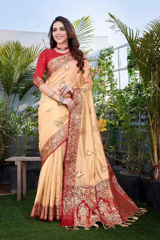NOZ2TOZ Women Party Wear Pure Zari Silk Saree with Unstitched Blouse - Cream Classic Striped Blouse NOZ2TOZ Women Party Wear Pure Zari Silk Saree with Unstitched Blouse - Cream Classic Striped Blouse