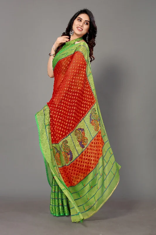 NOZ2TOZ Women Party Wear Printed Brasso Chiffon Saree with Unstitched Blouse - Red Mandarin Collar Blouse NOZ2TOZ Women Party Wear Printed Brasso Chiffon Saree with Unstitched Blouse - Red Mandarin Collar Blouse