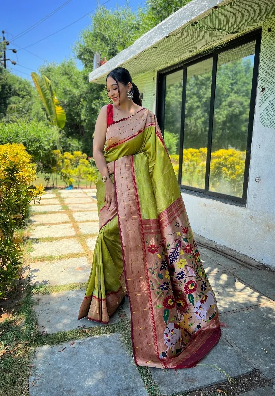NOZ2TOZ Women Party Wear Zari Weaving Paithani Silk Saree with Unstitched Blouse - Parrot Green Slim Fit Blouse NOZ2TOZ Women Party Wear Zari Weaving Paithani Silk Saree with Unstitched Blouse - Parrot Green Slim Fit Blouse