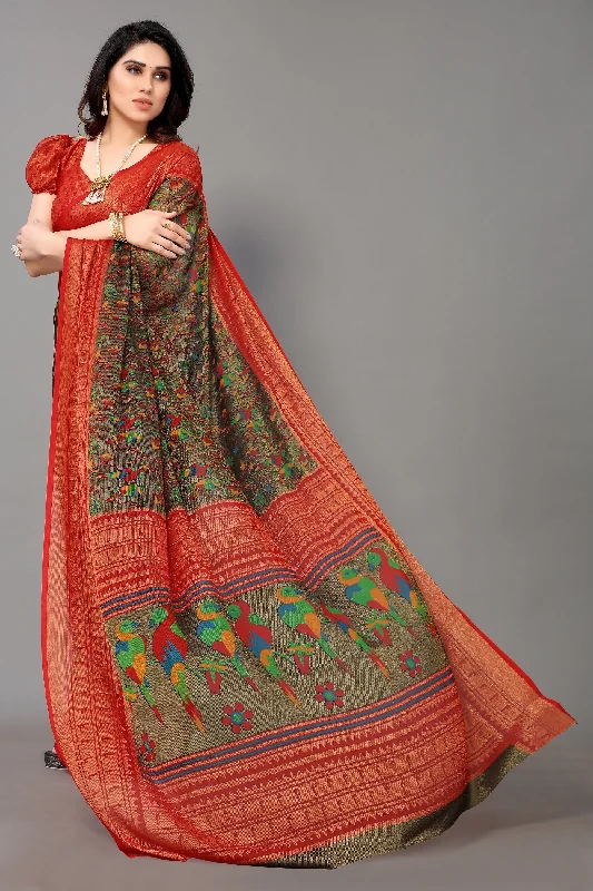 NOZ2TOZ Women Party Wear Printed Brasso Chiffon Saree with Unstitched Blouse - Black & Red Business Casual Blouse NOZ2TOZ Women Party Wear Printed Brasso Chiffon Saree with Unstitched Blouse - Black & Red Business Casual Blouse