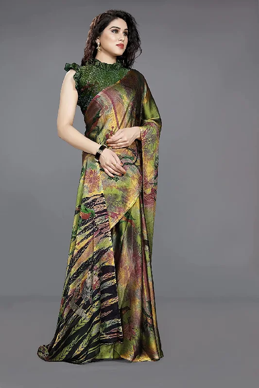 NOZ2TOZ Women Party Wear Printed Chiffon Silk Saree with Unstitched Blouse - Green Short Sleeve Blouse NOZ2TOZ Women Party Wear Printed Chiffon Silk Saree with Unstitched Blouse - Green Short Sleeve Blouse