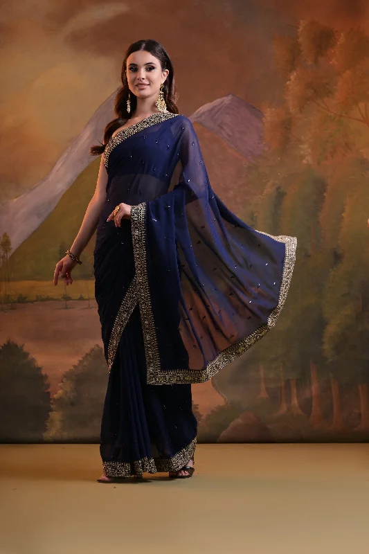 NOZ2TOZ Women Party Wear Sequence Embroidery Worked Georgette Saree with Unstitched Blouse - Blue Elegant Lace Blouse NOZ2TOZ Women Party Wear Sequence Embroidery Worked Georgette Saree with Unstitched Blouse - Blue Elegant Lace Blouse