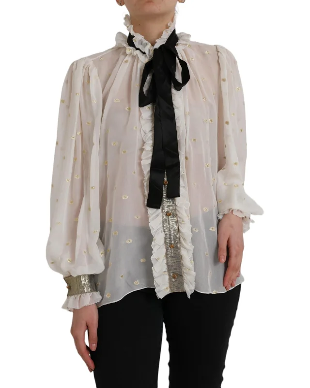 Dolce & Gabbana  Women's White Silk Polka Dot Blouse Mandarin Collar Blouse