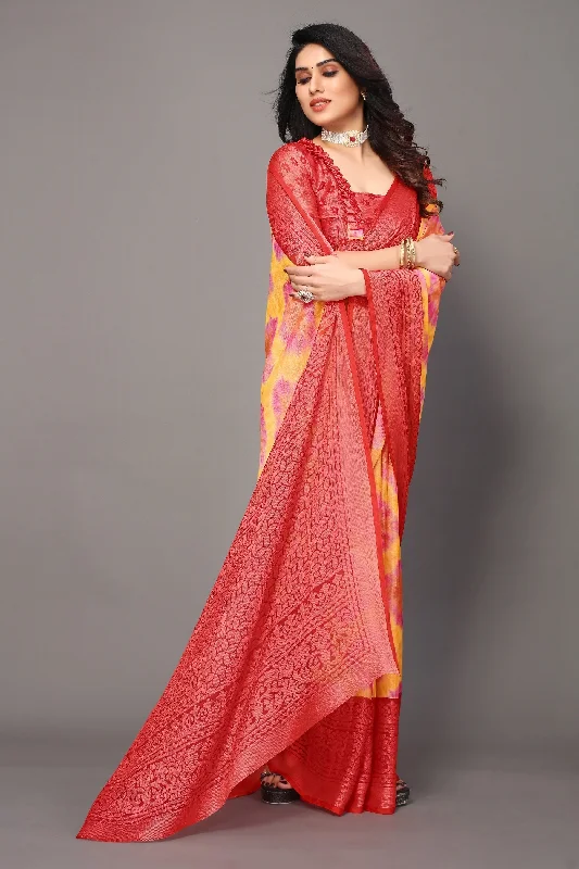 NOZ2TOZ Women Party Wear Printed Brasso Chiffon Saree with Unstitched Blouse - Red Embroidered Floral Blouse NOZ2TOZ Women Party Wear Printed Brasso Chiffon Saree with Unstitched Blouse - Red Embroidered Floral Blouse