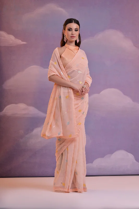 NOZ2TOZ Women Party Wear Sequence Embroidery Worked Georgette Saree with Unstitched Blouse - Peach Satin Drape Blouse NOZ2TOZ Women Party Wear Sequence Embroidery Worked Georgette Saree with Unstitched Blouse - Peach Satin Drape Blouse