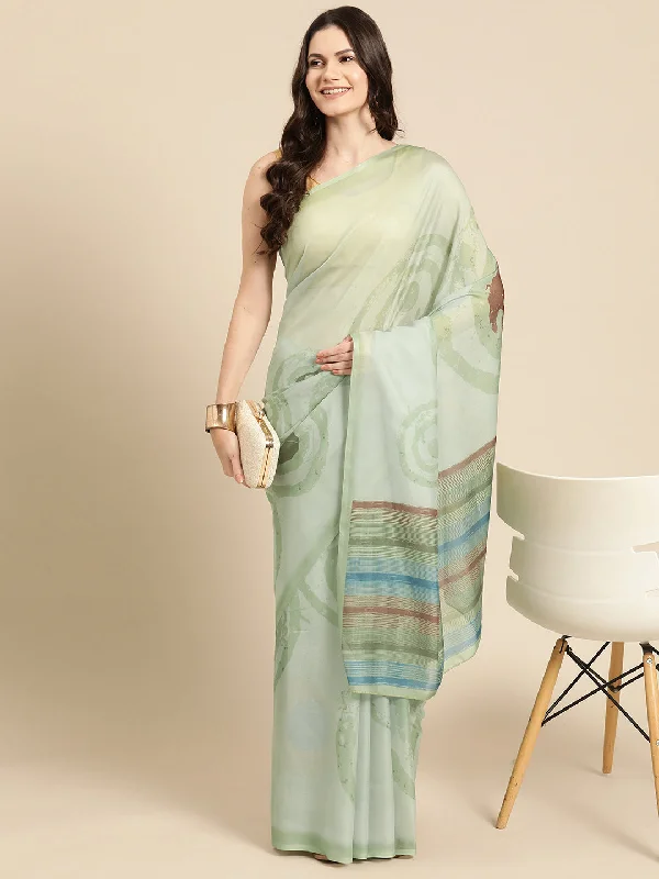Green Silk Blend Printed Abstract Saree with Unstitched Blouse - Hiral Fashion Casual Relaxed Fit Blouse